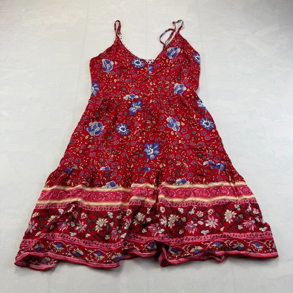 Lascana Dress Womens XS Red Purple Floral Smocked Back Lace Trim Spaghetti Strap